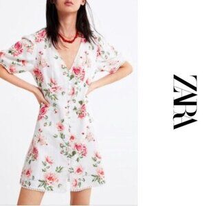 Zara Floral Rose Linen/Cotton Mini Dress Size M In Excellent Condition